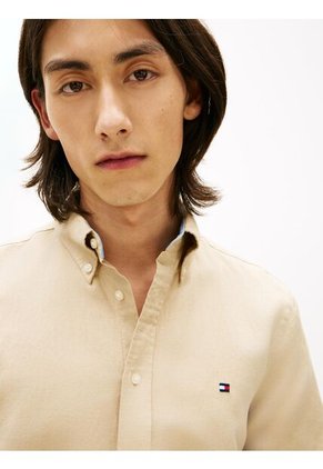 Camisa Beige Lino Solida De Corte Regular Tommy Hilfiger