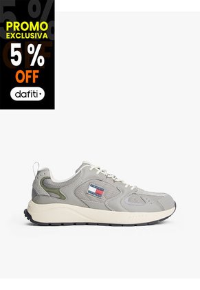 Tenis Gris Con Texturas Mixtas Y Logo Tommy Hilfiger