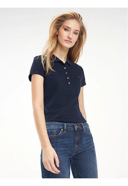 Polo Azul Oscuro Manga Corta Slim Fit Para Mujer Tommy Hilfiger