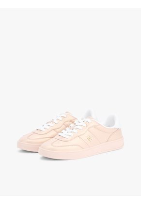 Tenis Beige De Cuero Con Monograma Metalizado Tommy Hilfiger