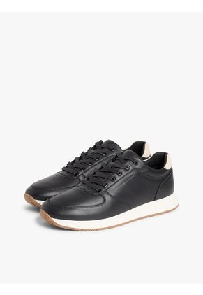 Tenis Negro De Cuero Con Logo En Bajo Relieve Tommy Hilfiger
