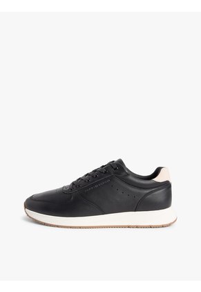 Tenis Negro De Cuero Con Logo En Bajo Relieve Tommy Hilfiger