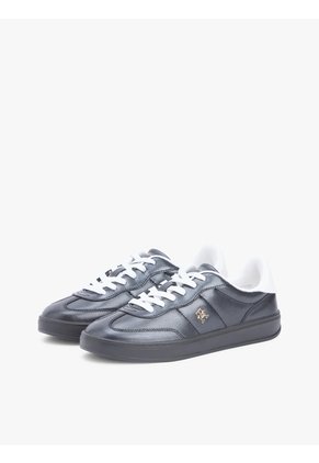 Tenis Negro De Cuero Con Monograma Metalizado Tommy Hilfiger