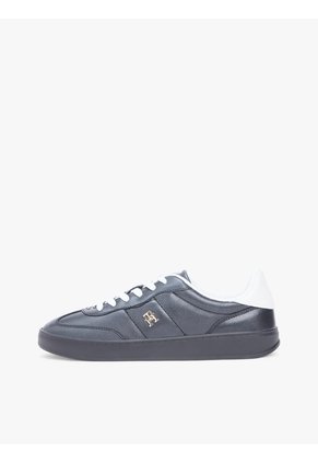 Tenis Negro De Cuero Con Monograma Metalizado Tommy Hilfiger