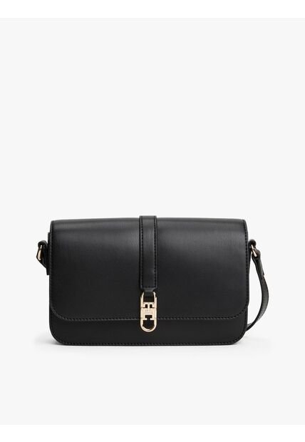 Bolso Negro Cruzado Con Solapa Y Monograma TH Tommy Hilfiger