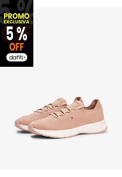 Tenis Beige De Punto Con Logo Bordado Tommy Hilfiger