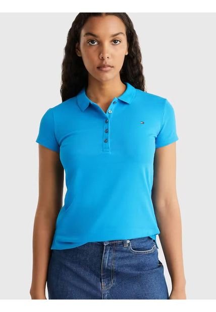 Polo Azul Con Tapeta De Cinco Botones Y Corte Slim Para Mujer Tommy Hilfiger