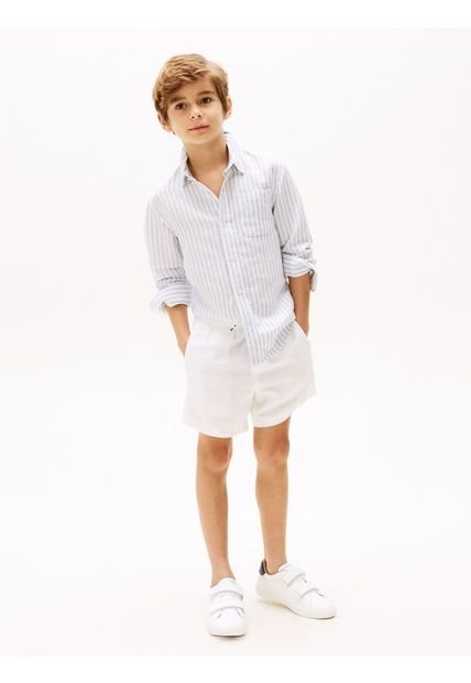 Camisa Celeste De Rayas En Mezcla De Lino Tommy Hilfiger