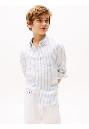 Camisa Celeste De Rayas En Mezcla De Lino Tommy Hilfiger