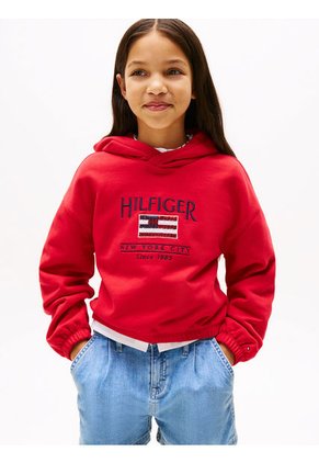 Saco Rojo Con Capota Y Logo De Lentejuelas Tommy Hilfiger
