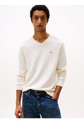 Saco Blanco Con Cuello En V Y Logo Bordado Tommy Hilfiger