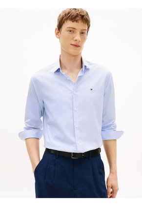 Camisa Azul Slim Con Rayas Finas Tommy Hilfiger