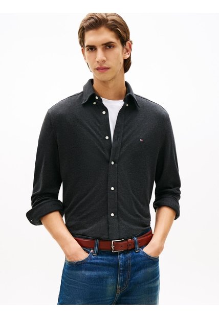Camiseta Negra Manga Larga De Punto Piqué Featherweight Tommy Hilfiger