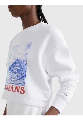 Sudadera Cropped Holgada Con Ola Estampada Blanco Tommy Jeans