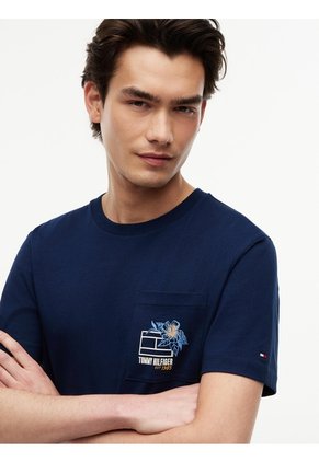 Camiseta Azul Con Logo Gráfico Floral Estampado En El Pecho Tommy Hilfiger