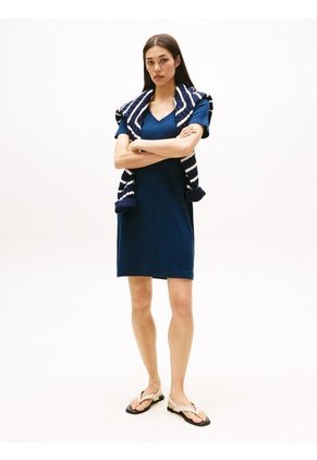 Vestido Azul De Cuello V Con Logo Tommy Hilfiger