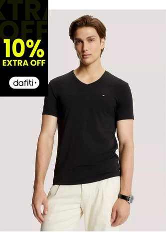 Camiseta Negra Slim Fit Cuello En V Esencial Algodón Tommy Hilfiger