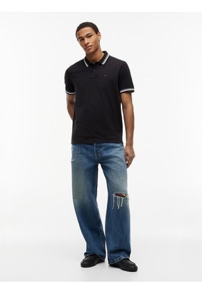 Polo Negro De Corte Regular Ribeteado Con Logo Tommy Jeans