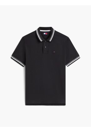 Polo Negro De Corte Regular Ribeteado Con Logo Tommy Jeans