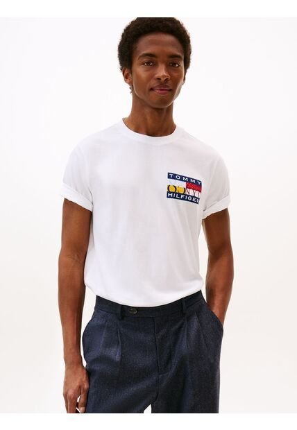 Camiseta Blanca De Cuello Redondo Con Logo Tommy Hilfiger