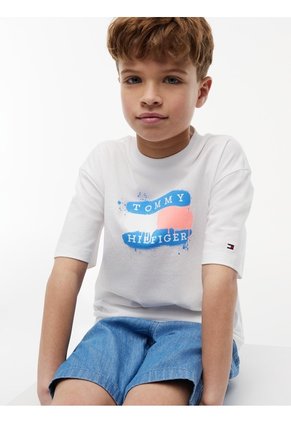 Camiseta Blanca Manga Corta Con Logo Gráfico Estampado En El Pecho Tommy Hilfiger