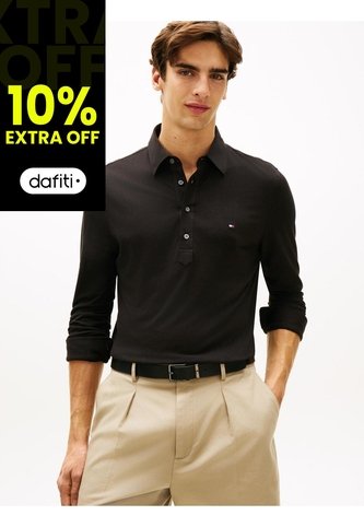 Polo Negro Regular De Manga Larga En Tejido Ligero Tommy Hilfiger Tommy Hilfiger