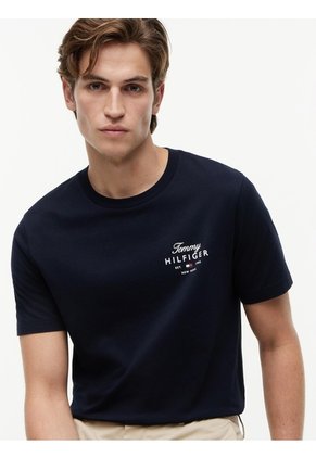 Camiseta Azul De Cuello Redondo De Punto Con Logo Tommy Hilfiger