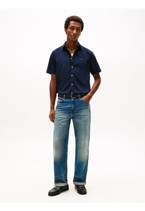 Camisa Azul Flex Poplin Solid De Manga Corta Tommy Hilfiger