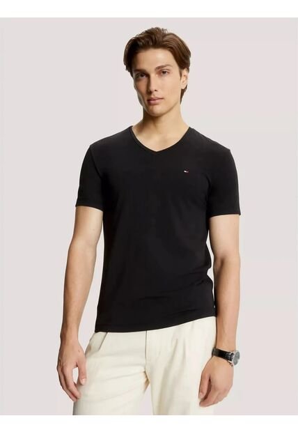 Camiseta Negra Slim Fit Cuello En V Esencial Algodón