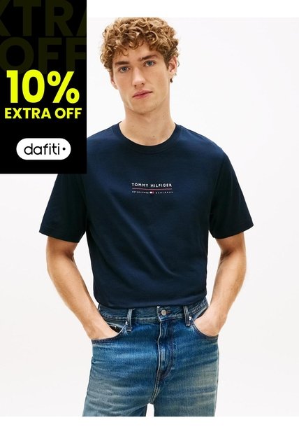 Camiseta Azul De Cuello Redondo Con Logo Tommy Hilfiger