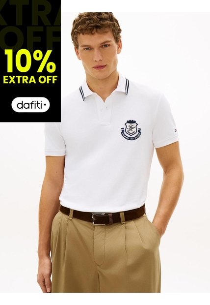 Polo Blanco De Corte Regular Con Escudo Tommy Hilfiger