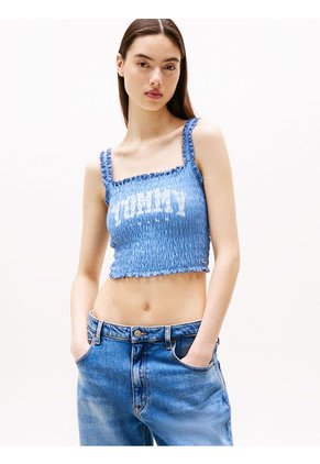 Crop Top Azul Varsity Fruncido De Corte Slim