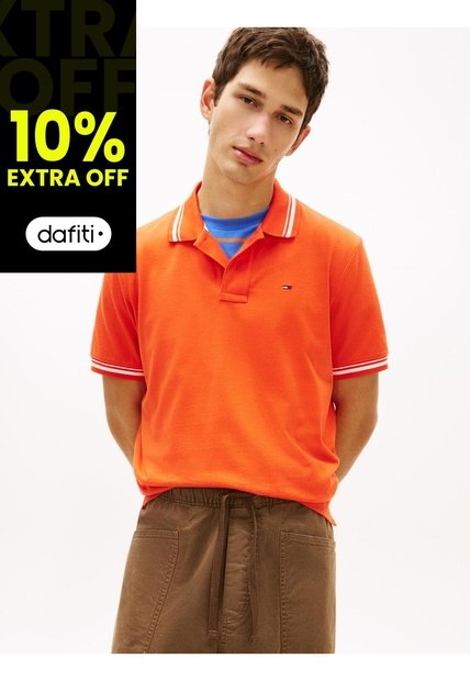 Polo Naranja De Corte Regular Ribeteado Con Logo Tommy Jeans