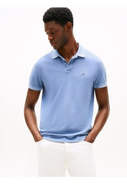 Polo Azul Teñido En Prenda Con Logo Bordado Tommy Hilfiger