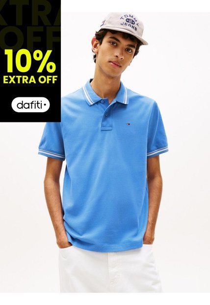Polo Celeste De Corte Regular Ribeteado Con Logo Tommy Jeans