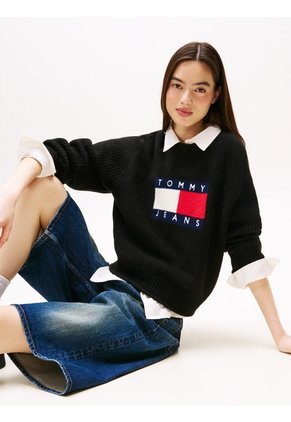 Saco Negro Amplio Jaspeado Con Logo Tommy Jeans