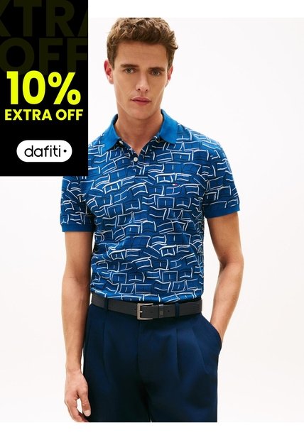 Polo Azul Piqué Con Estampado Tommy Hilfiger