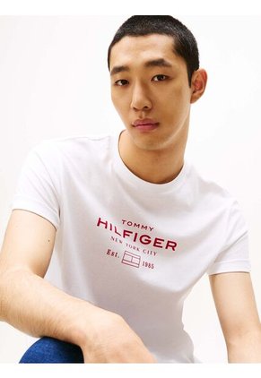 Camiseta Blanca De Cuello Redondo Con Logo Tommy Hilfiger
