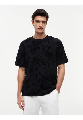 Camiseta Negra De Cuello Redondo Con Estructura Jacquard Tommy Hilfiger