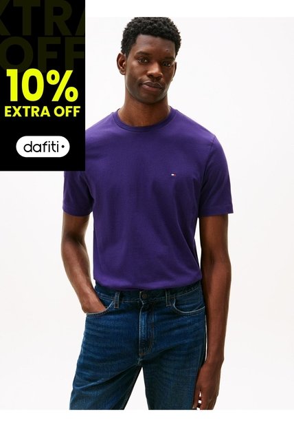Camiseta Morada Oscuro De Cuello Redondo Con Logo Bordado Tommy Hilfiger