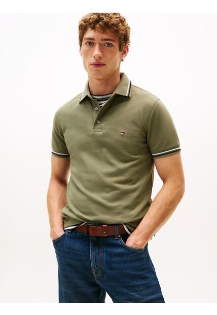 Polo Verde Ribeteado De Corte Slim Tommy Hilfiger