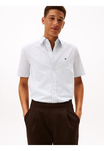 Camisa Celeste Flex Poplin De Rayas Manga Corta Con Logo Tommy Hilfiger Tommy Hilfiger