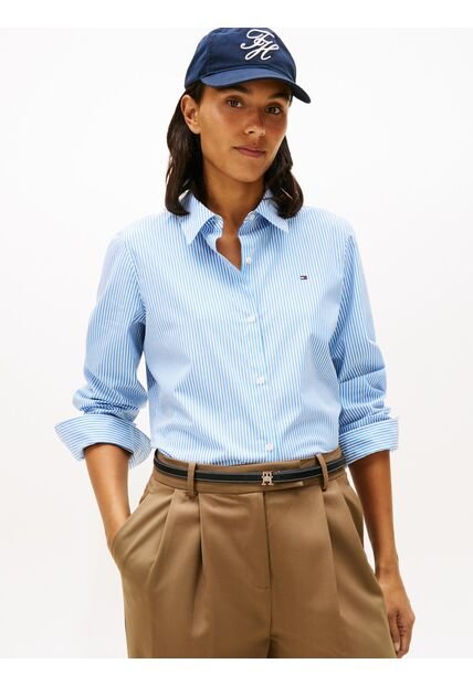Camisa Celeste A Rayas De Corte Regular Tommy Hilfiger