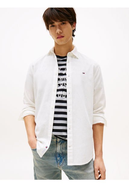 Camisa Blanca Manga Larga De Lino De Corte Regular Tommy Jeans
