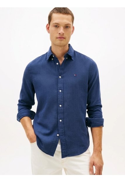 Camisa Azul De Corte Regular En Tejido Dobby Tommy Hilfiger