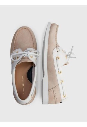 Mocasines Náuticos De Cuero Con Monograma Mujer Beige Tommy Hilfiger