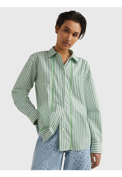 Camisa A Rayas De Corte Regular Mujer Verde Tommy Hilfiger