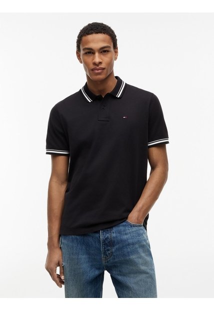 Polo Negro De Corte Regular Ribeteado Con Logo Tommy Jeans