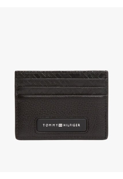Tarjetero Negro De Cuero Con Monogramas TH Tommy Hilfiger