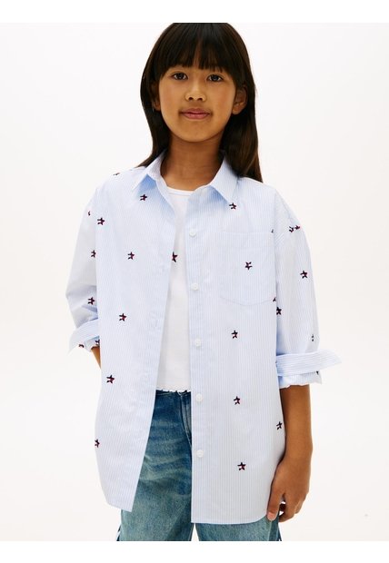 Camisa Celeste De Corte Regular Con Rayas Y Logo Tommy Hilfiger